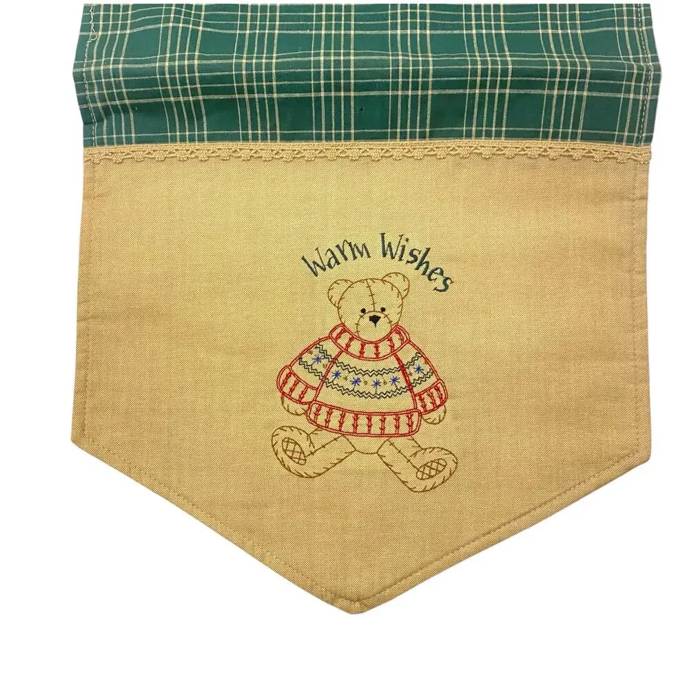 Vintage table runner for side table that reads “Warm Wishes” w teddy bear design